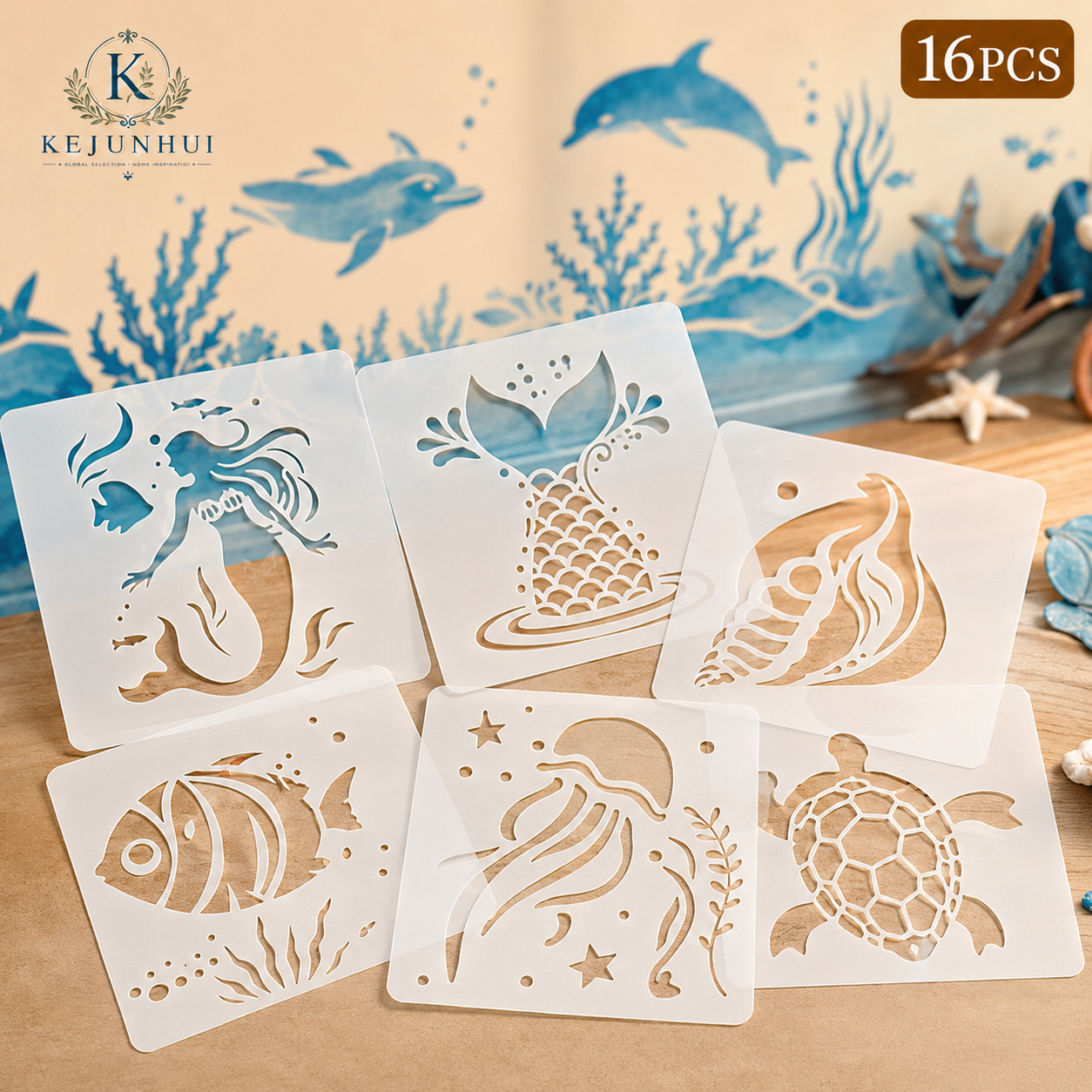 Woodworking Crafts - 16Pcs 3.9x3.9in Ocean Animal Stencils Reusable