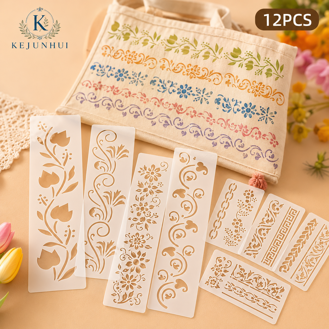 Woodworking Crafts - 12Pcs 2.95x11.8in Floral Border Stencils Reusable